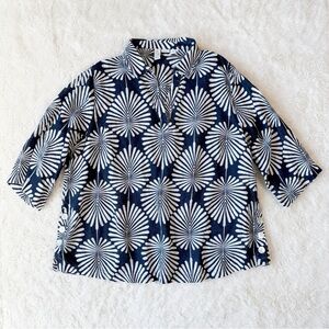 Joie Woman Blue 100% Linen Tropical Print Spread Collar Long Sleeve Top 1X